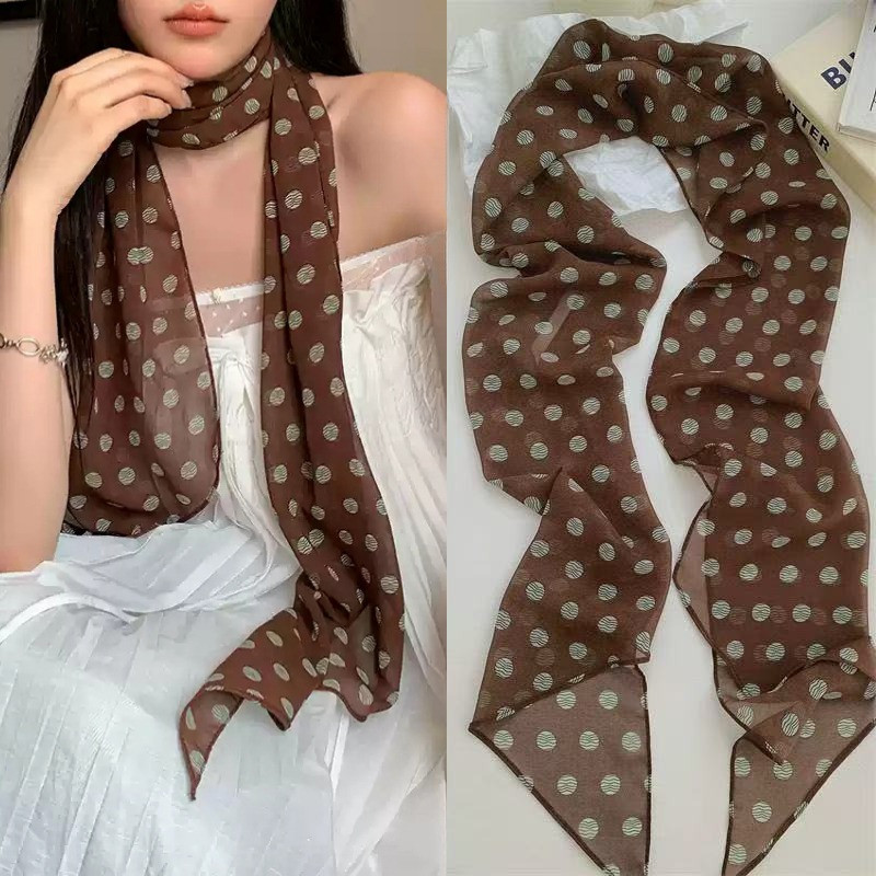 ผ้าชีฟอง ผ้าพันคอวินเทจ ขนาด 150*20 ซม.ผ้าพันคอผ้าไหมยาวลายจุดสีน้ำตาล | ริบบิ้นยาว ผูกผม/ผูกคอ/ผ้าผูกเอว แฟชั่นเกาหลี