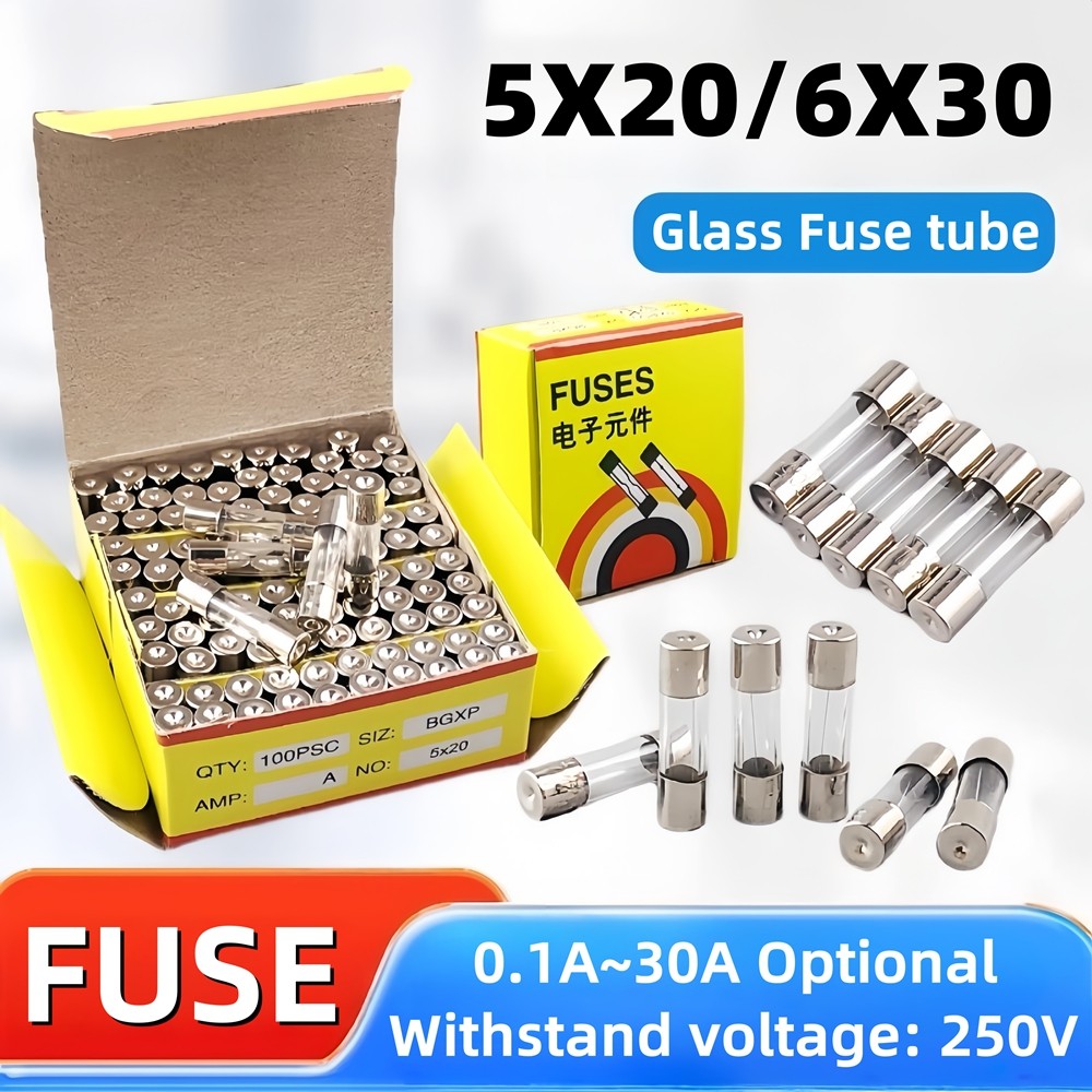 10/100pcs หลอดแก้วฟิวส์ 5x20 มม.6x30 มม.0.1A 0.2A 0.5A 0.75A 1A 2A 3A 4A 5A 6.3A 8A 10A 12A 15A 20A 25A 30A 250V Fast Blow ฟิวส์