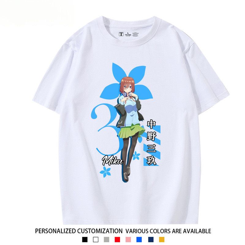 Five-Equal เจ้าสาวเสื้อยืดสีขาวญี่ปุ่นอะนิเมะ Nakano Ichika พิมพ์เสื้อยืดแขนสั้นหลวม