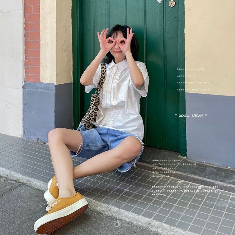 shayne-เสื้อสุภาพสตรี สีขาว ปุ่มกด เสื้อแขนสั้น ประเภทรุ่นหลวม สดชื่น หวาน วรรณกรรมและศิลปะ แฟชั่นสบาย ๆ วิทยาลัย ราคา ถูกที่สุด ดีลบีเคเค แกลเลอรีภาพที่ 8