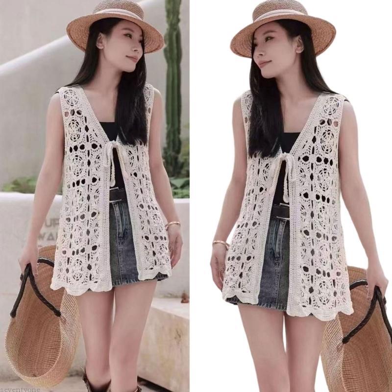 Womens Floral Crochet Sleeveless Open Front Vest Cardigan Beach Biniki Coverups