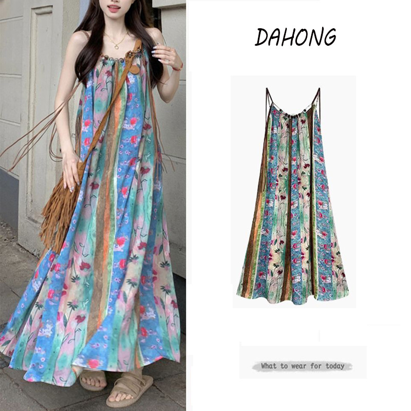 Dahong 99069/99067  ชุดเดรสลายดอกไม้วินเทจ แขนกุด พิมพ์ลายแนวชนเผ่า เหมาะสําหรับการออกเดท, การท่องเที่ยว, การถ่ายภาพ