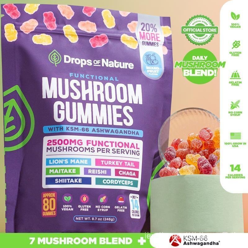 [OFFICIAL STORE] Drops Of Nature Mushroom Gummies | Ashwagandha K-66, Lion's Mane, Shiitake, Turkey 