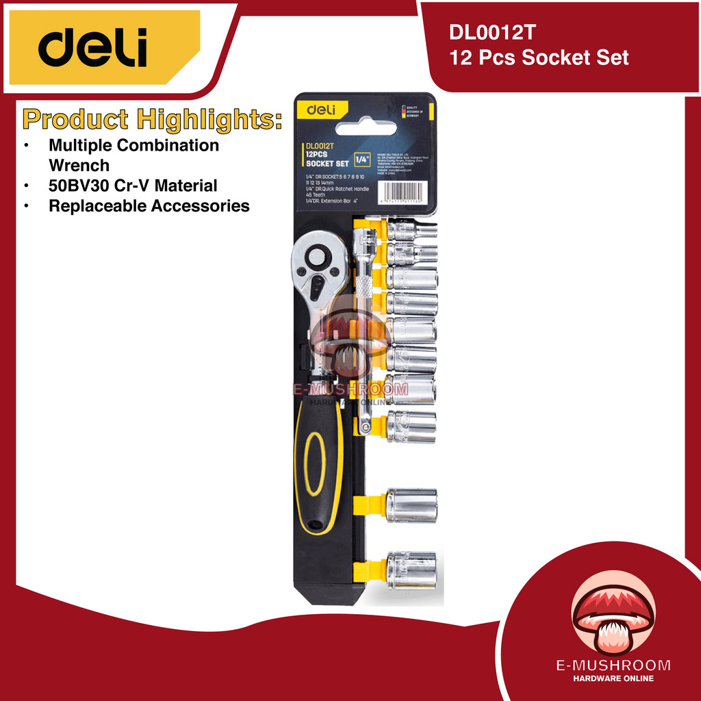 Deli ชุดซ็อกเก็ต 12 ชิ้น DL0012T ชุดประแจกระบอกหลายขนาด DIY ชุดเครื่องมือ