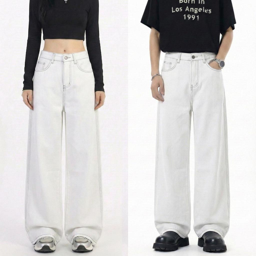 NAMCHA กางเกงยีนส์ทรงกระบอกกลาง กางเกงยีนส์ทรงกระบอกกลางเอวสูง กระเป๋าหลังปักNAMCHA สีขาว 2358