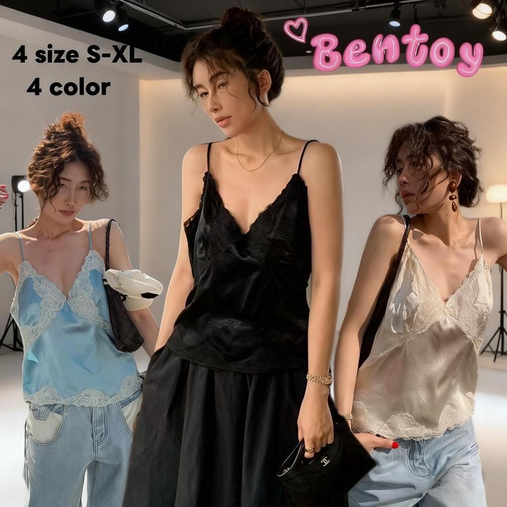 Bentoy พร้อมส่งในไทย (9498 )เสื้อกล้ามซาตินผู้หญิง คอวีลูกไม้ Patchwork หรูหรา โรแมนติก สไตล์แฟชั่น  ใส่สบาย