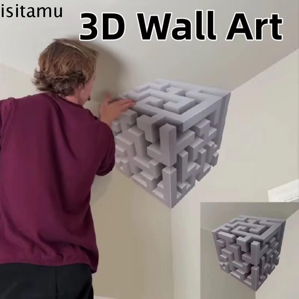 ISITAFT 3D Wall Art สติกเกอร์,เขาวงกต Cube รูปแบบ Self-Adhesive Impossible มุมสติกเกอร์,กันน้ํา Peel และ Stick ที่ถอดออกได้ภาพลวงตาแสงมุมสติ๊กเกอร์ติดผนังหอพักห้อง
