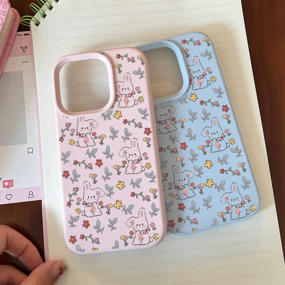 สำหรับ IPhone 13 11 14 16 12 15 17 Pro Max 16 15 14 Plus 16E 12 11 ProMax เคสไอโฟน ซิลิโคนนุ่ม ลายกระต่ายและดอกไม้น่ารัก