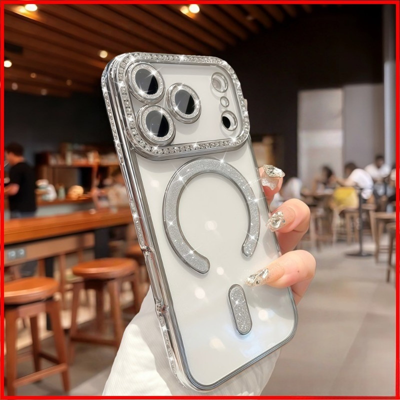 Sparkling Diamondเคสโทรศัพท์แม่เหล็กสําหรับIPhone 17 Pro Max Air 12 13 14 15 16 Pro Max 15 16 Plusเลนส์ป้องกันกล้องกันกระแทกTPU Soft Caseโทรศัพท์เคสป้องกัน