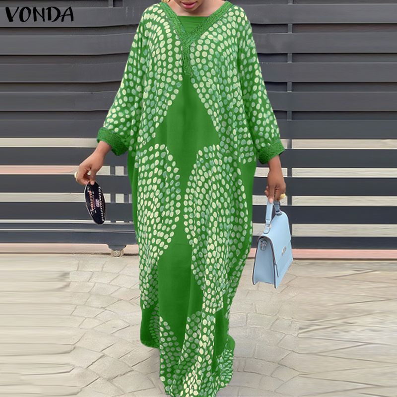 VONDA ชุดเดรสแม็กซีทรงหลวมสำหรับผู้หญิง สไตล์วินเทจพริ้นท์ดอต คอวีแขนยาว — صورة 6