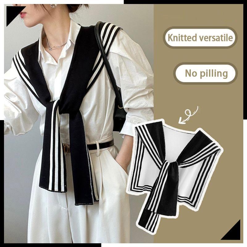 เสื้อถักคลุมไหล่ลายทางแฟชั่นสไตล์เกาหลี, ผ้าพันคอสไตล์ย้อนยุคคอปลอมอุปกรณ์เสริมสำหรับผู้หญิงจากร้าน 