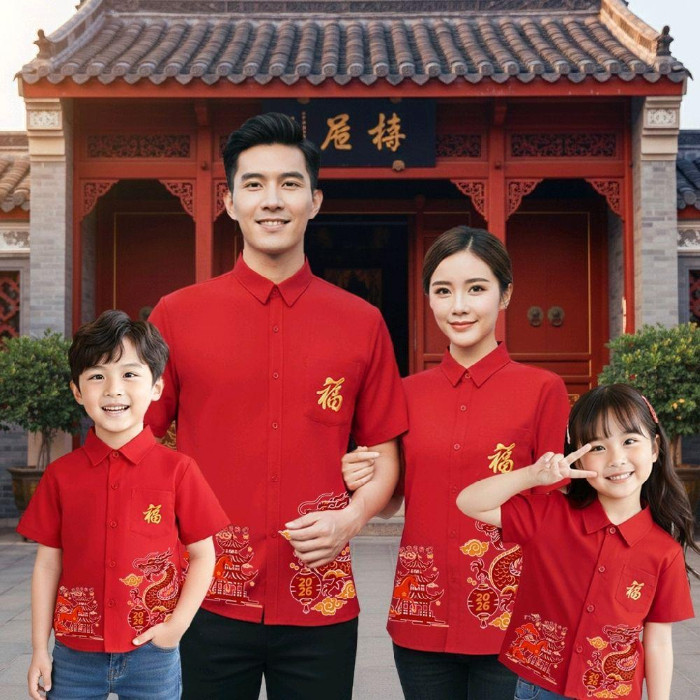 PINKเสื้อเชิ้ตคอปกตรุษจีน2026 ลาย'ฮก'มงกร อักษรมงคล สีแดงมงคล ลายคมชัด ผ้าโพลีพรีเมี่ยม ไซส์ครบทีม เด็ก-ผู้ใหญ่
