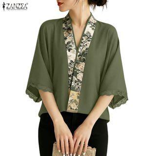 ZANZEA ผู้หญิงเกาหลีวินเทจ คอวีแขนบาน พิมพ์ลายละเอียดบนเนื้อ…