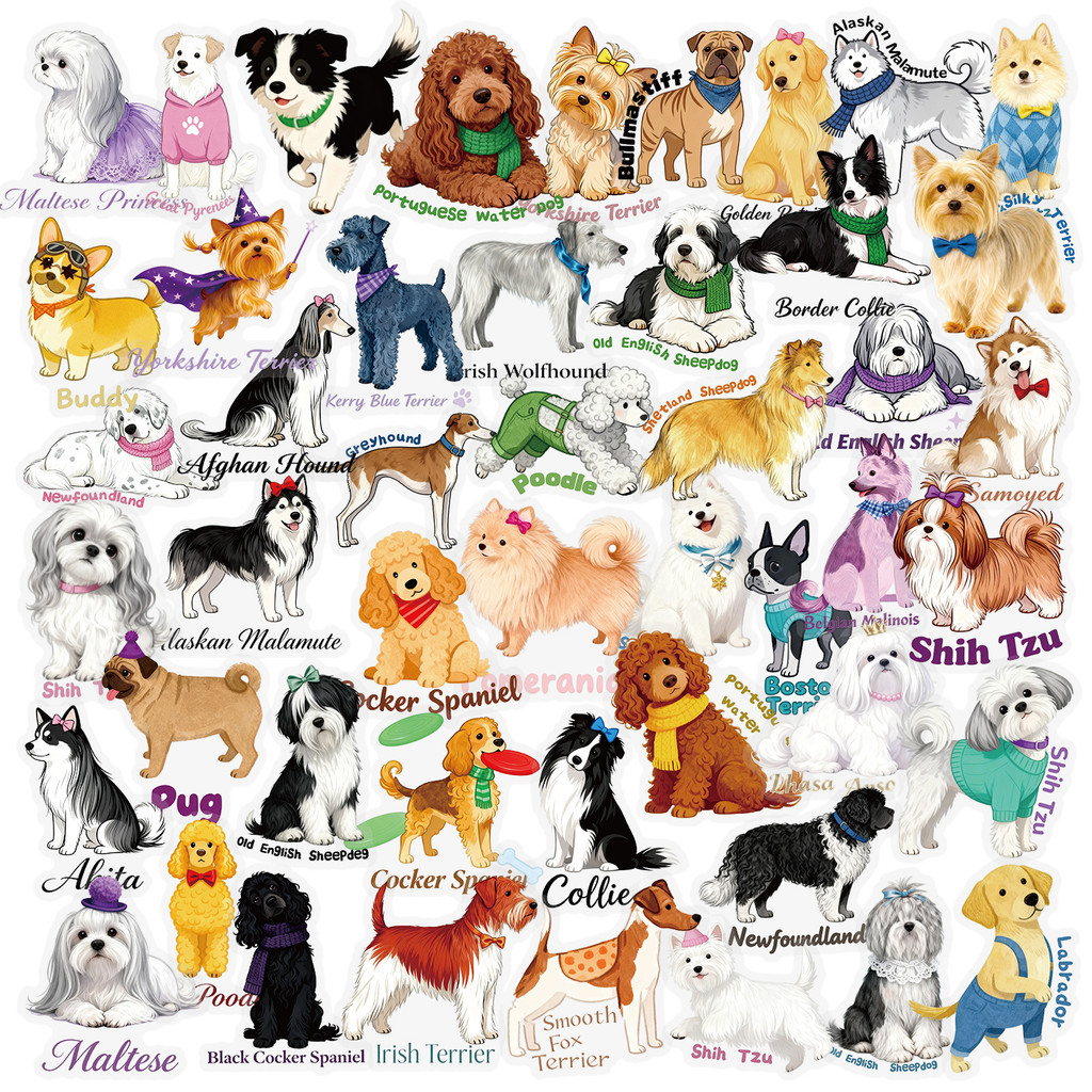 55 ชิ้นสุนัขพันธุ์ PET สติ๊กเกอร์กันน้ําทรานส์พาเน็ตพลาสติก