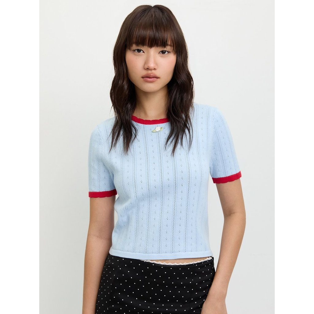[Pomelo] เสื้อไหมพรมแขนยาวคอกลมเข้ารูปดีเทลตัดแต่งช่องว่างช่วงไหล่และปลายแขน