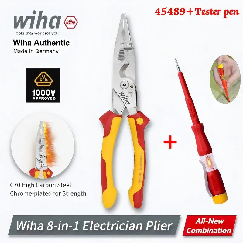 WIHA 45489 8-in-1 ฉนวน 1000V VDE คีม - Pro ช่างไฟฟ้าลวด Stripper เครื่องตัด + ฟรีปากกาทดสอบ