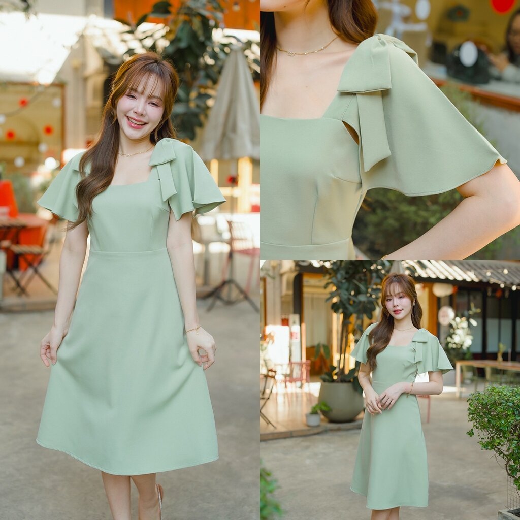 Bellette Bow Shoulder Dress : สีเขียวมัทฉะ