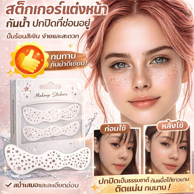 [กันน้ำ]สติ๊กเกอร์ติดหน้าแบบมีประกาย / สติ๊กเกอร์กลิตเตอร์กันน้ำ / สติ๊กเกอร์ตกแต่งหน้าติดทนนาน / สติ๊กเกอร์กลิตเตอร์สไตล์เกาหลี / สติ๊กเกอร์แต่งหน้ากันเหงื่อ