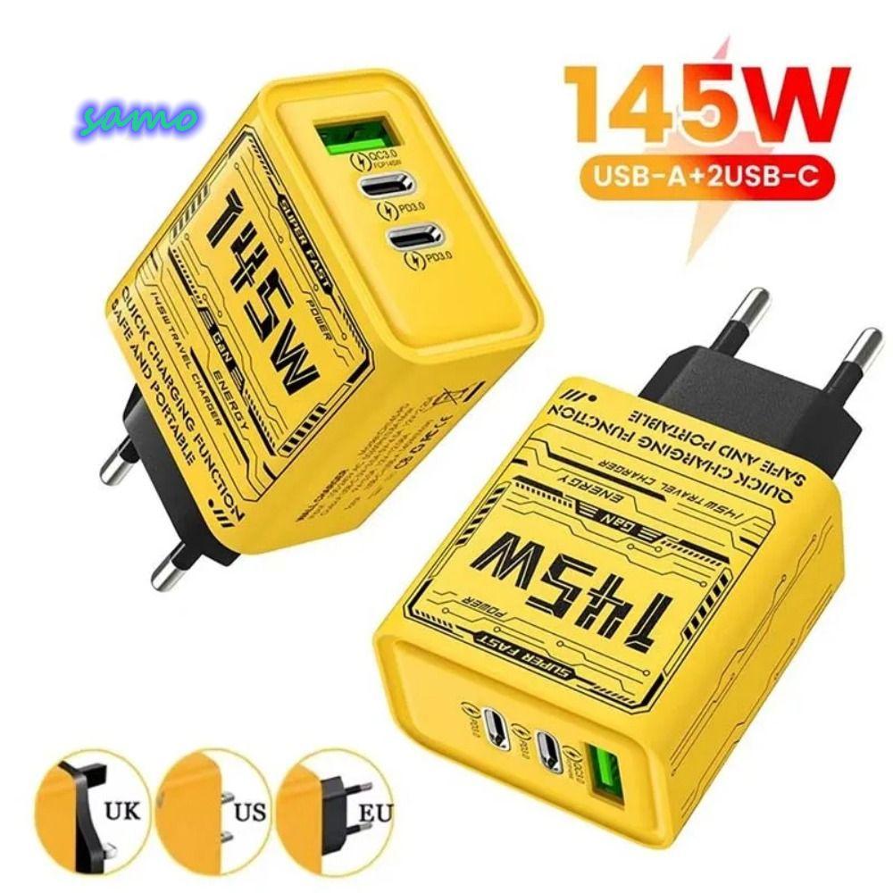 SAMO 145W GaN ปลั๊กชาร์จ, EU/US/UK PD QC3.0 อะแดปเตอร์ชาร์จโทรศัพท์, 3 พอร์ต USB A+C Fast Charging U