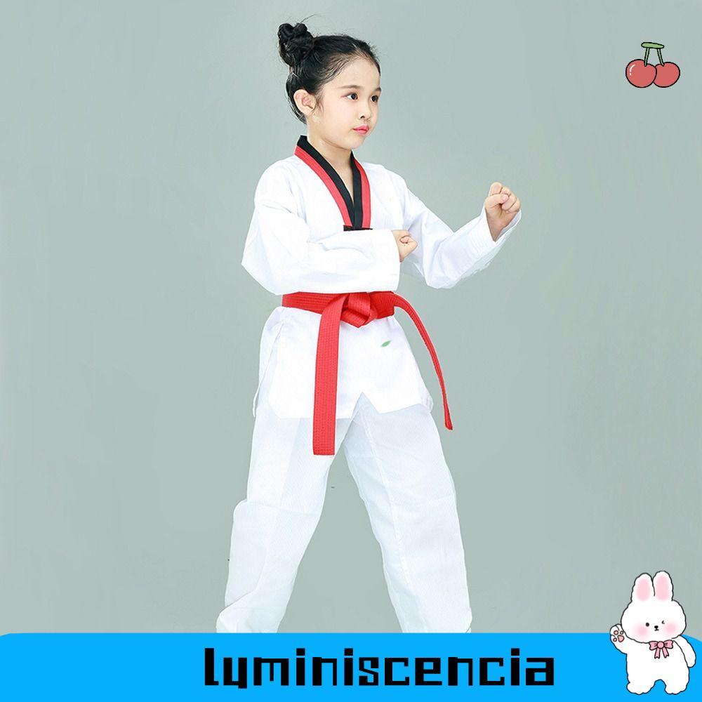 LUMINESCIA เด็ก TKD เครื่องแต่งกาย, ผ้าฝ้ายสีขาวเทควันโดเครื่องแบบ, แฟชั่นแขนยาว V คอ Breathable WTF
