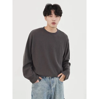Chaistyle แขนยาวผู้ชาย วาฟเฟิล เสื้อคอกลม ชุดคู่รัก แบบหลวม แมทช์ลุคง่าย