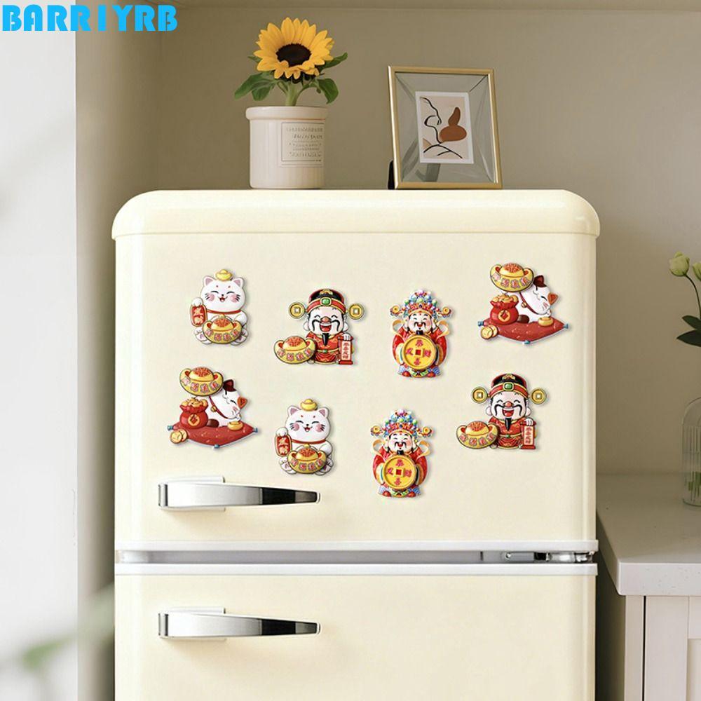 BARR1YRB แม่เหล็กติดตู้เย็น 3D, God of Wealth Maneki Neko ปีใหม่สติกเกอร์แม่เหล็ก,พรตลกการ์ตูนตู้เย็