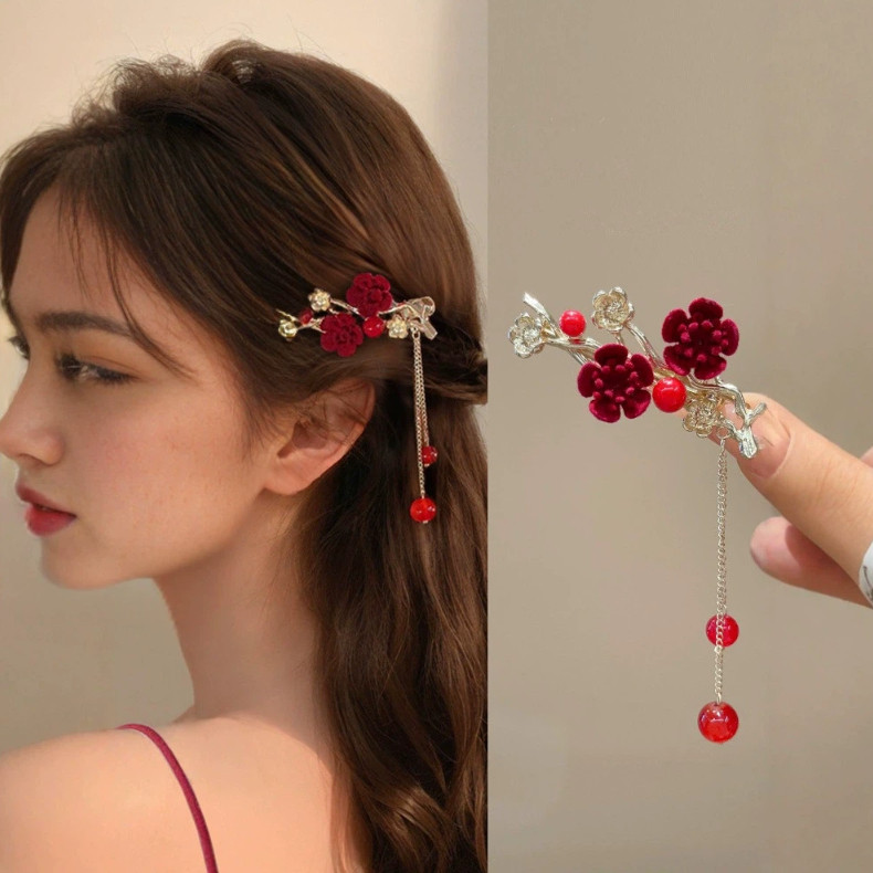 กิ๊บผมพู่สีแดงแบบดอกไม้ สไตล์จีนดั้งเดิม สำหรับผ้าโพกหัวแฟชั่น