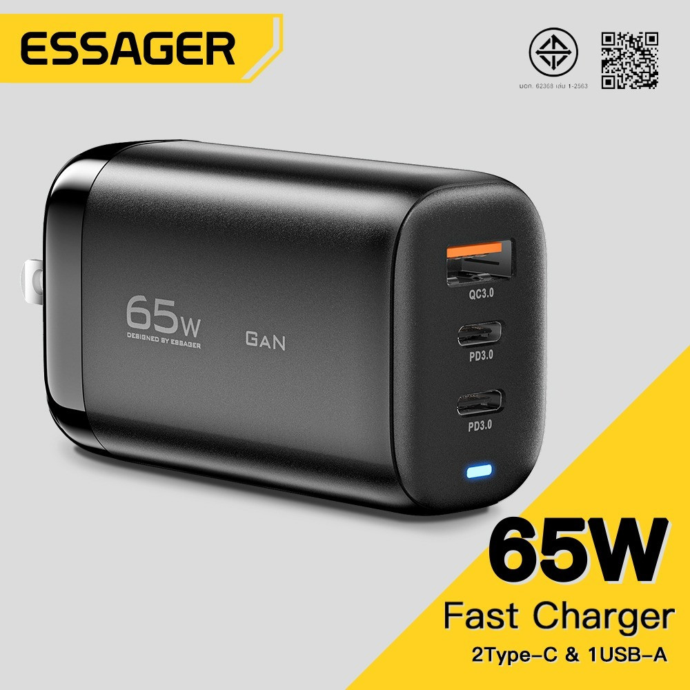 Essager 65W Gallium Nitride Travel Charger 2C+A PD65W Fast Charge Adapter สําหรับโน้ตบุ๊ก โทรศัพท์มื