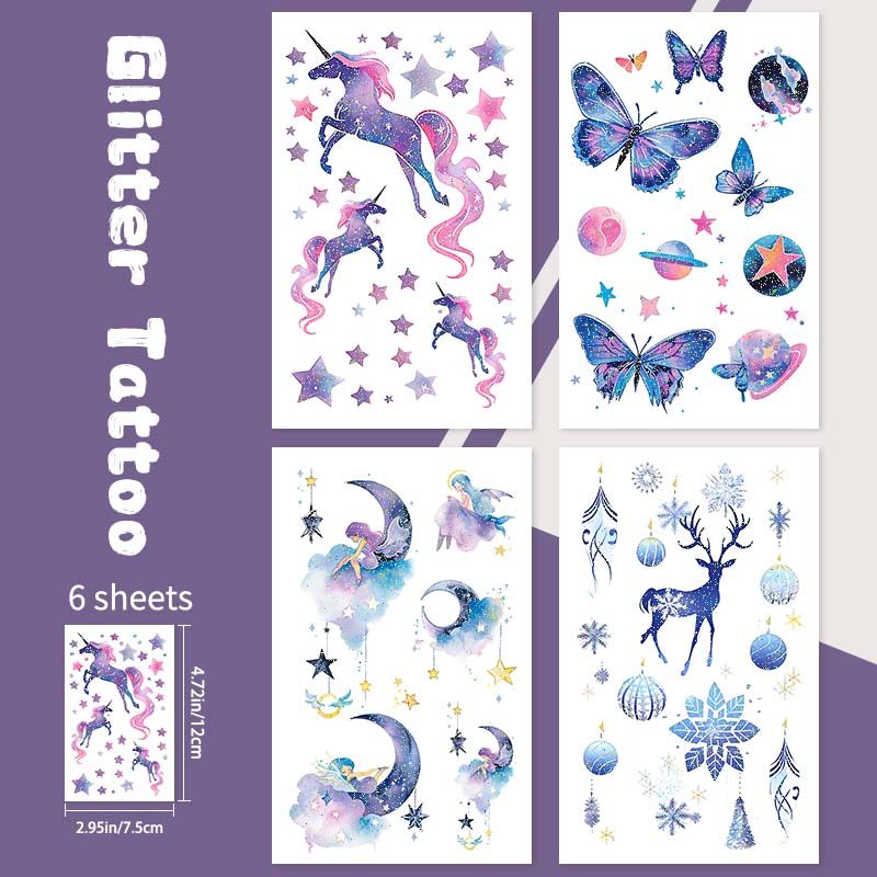 4pcs Dreamy Glitter Unicorn and Plum Blossom Deer Waterproof Temporary Tattoo, Long-Lasting, Realist