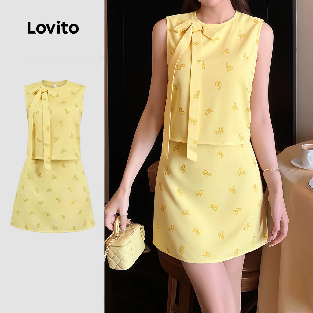 Lovito  เสื้อท่อนบนหรือท่อนล่างสุดชิค ประดับโบว์สําหรับฤดูร้อน/ฤดูใบไม้ผลิ สีเหลือง สําหรับผู้หญิง L