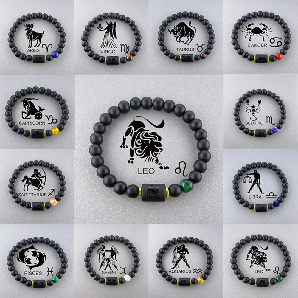 1PC Zodiac สร้อยข้อมือสําหรับผู้ชายผู้หญิง Zodiac Sign 12 Constellation Handeering สร้อยข้อมือ 8 มม.ธรรมชาติ Obsidian Hematite Onyx Tiger Eye ลูกปัดยืดสร้อยข้อมือ