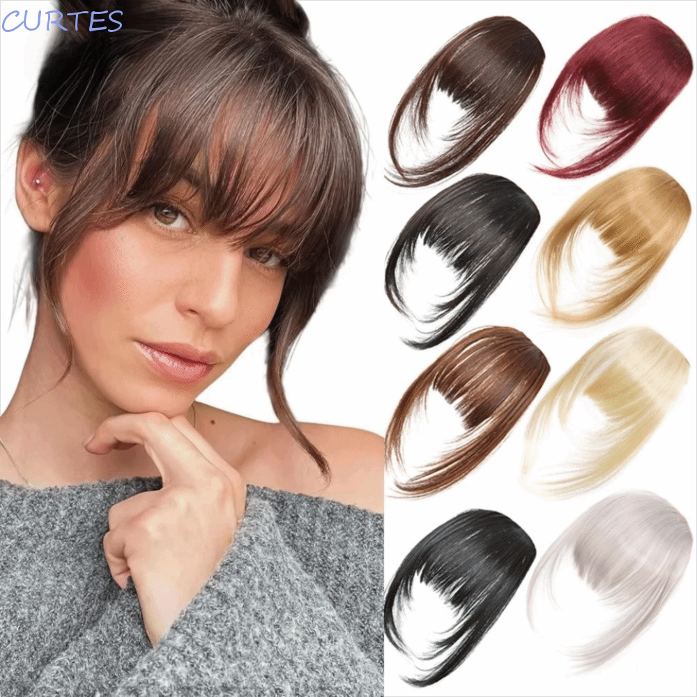 CURTES กิ๊บติดผมสังเคราะห์หน้าม้า, ลุคธรรมชาติ Fringe Cut Wispy Fringe with Sideburns, Fasion Hair Extension Hairpiece สีน้ําตาลเข้มตรง Blunt Bangs Daily Party Wear