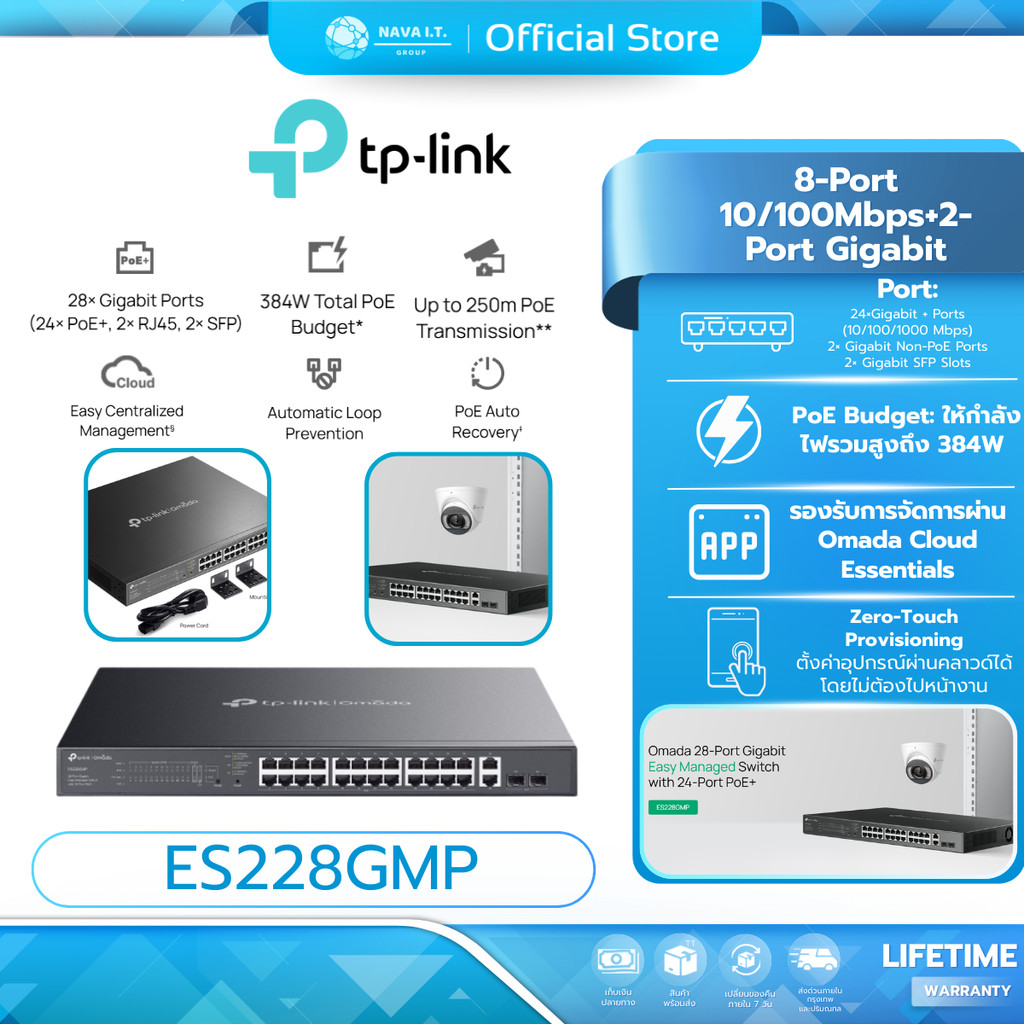 TP-LINK ES228GMP Managed Switch  Omada 28-Port Gigabit with 24-Port PoE+ รับประกันตลอดการใช้งาน