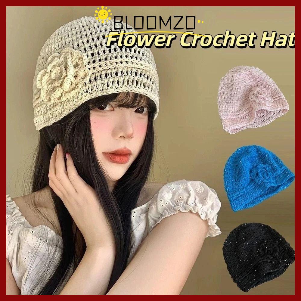 หมวก BLOOMZO Beanies ถักมือ สีทึบ มีเลื่อมดอกไม้ระบายอากาศ