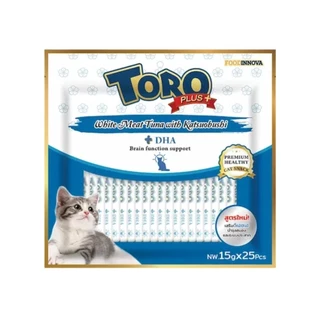 Toro Toro Plus โทโร่ พลัส ขนมแมวเลีย สูตรทูน่าเนื้อขาว หอมอร่อย แมวชอบ แมวเลีย ขนาด 15g x 25 ซอง