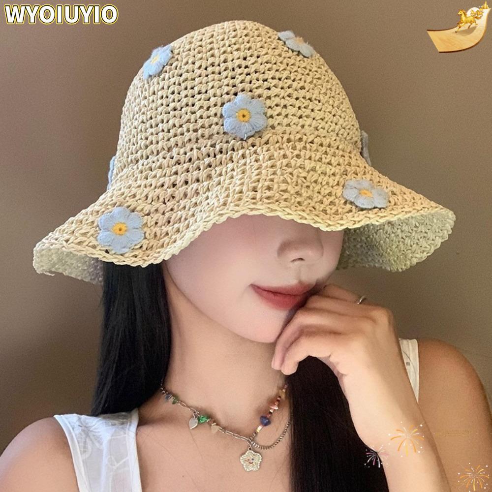 หมวกฟางปานามา พับได้ ต้านรังสีUV ดีไซน์ดอกไม้น่ารัก เหมาะสำหรับฤดูร้อนและกิจกรรมกลางแจ้ง