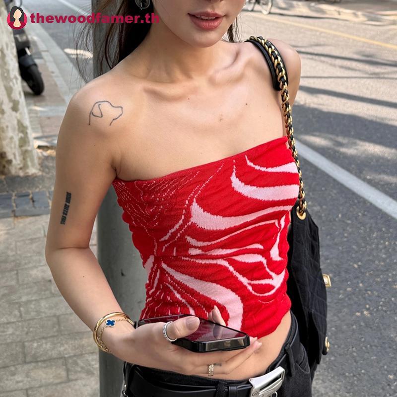 Well Y2k Tie-dye เสื้อกั๊กแขนสั้น Top Strapless ตาข่าย Halter เสื้อแขนกุด Bandeau Tank Tops ออกไป St