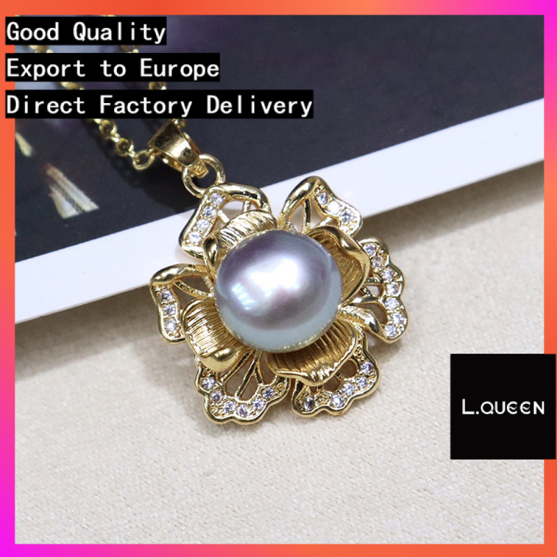 L.QUEEN สามมิติดอกไม้จี้มุกน้ําจืดหญิง 8-9mm18k Gold-Covered Micro-Inlaid แฟชั่น Simple Classy Clavi