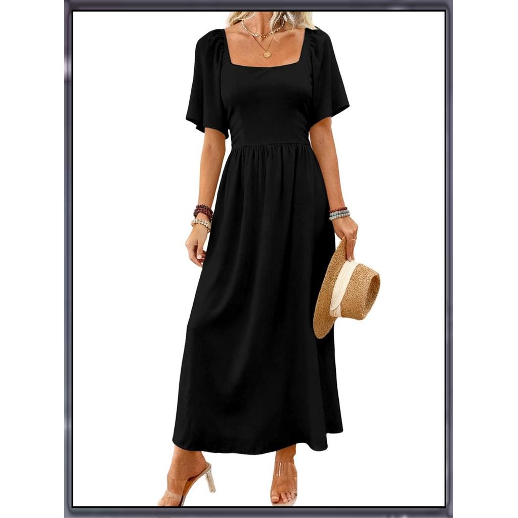 [AZTK] Womens Bohemian Square Neck Elegant Flared Ruffle Sleeve Maxi Dress Concert Beach Vacation Go