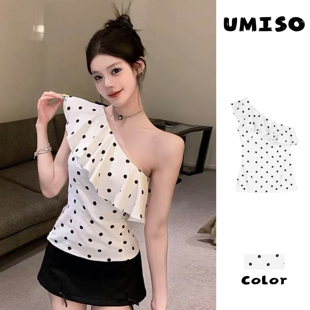 ส่งไวจากไทย เสื้อผู้หญิง แขนกุด ไหล่เฉียง ลายจุด หวานน่ารัก สไตล์เกาหลี UMISO