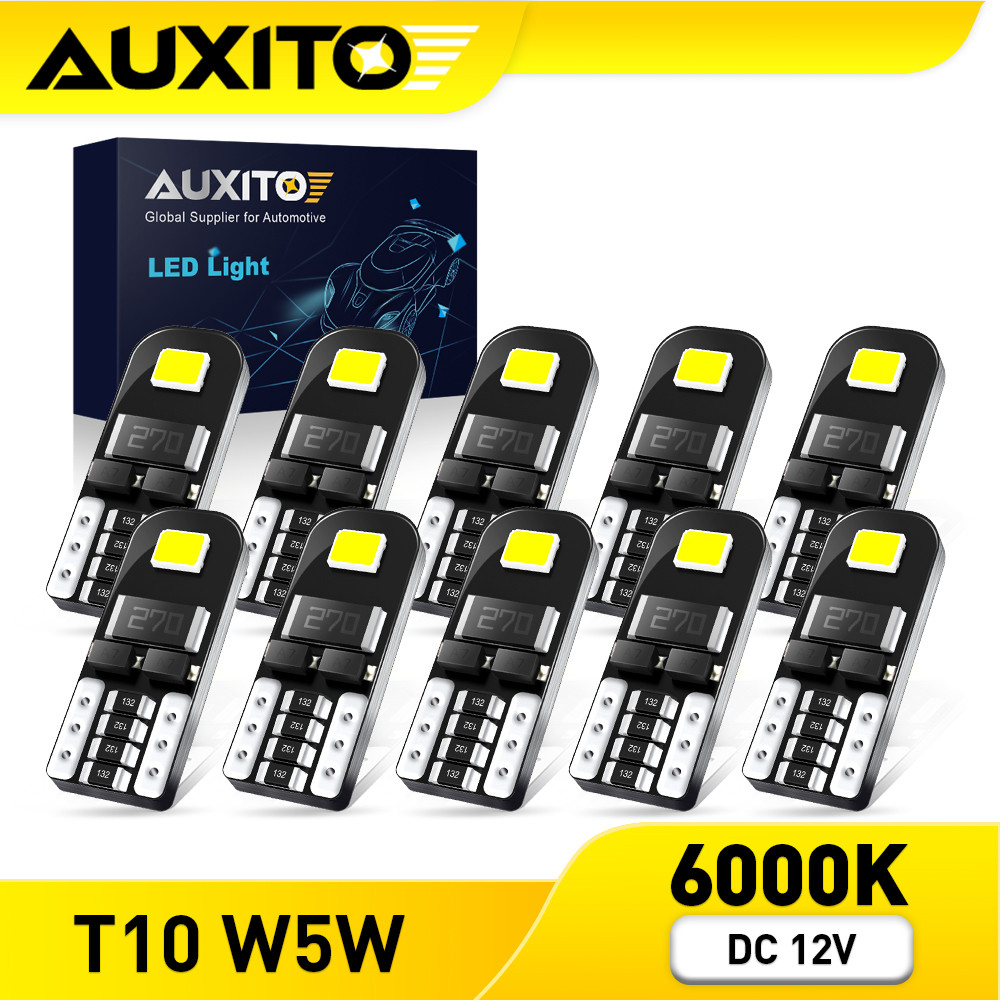 AUXITO 10PC แคนบัส LED T10 W5W สีขาว สําหรับไฟอ่านหนังสือภายในรถยนต์ 2835 SMD 6000K Canbus Error
