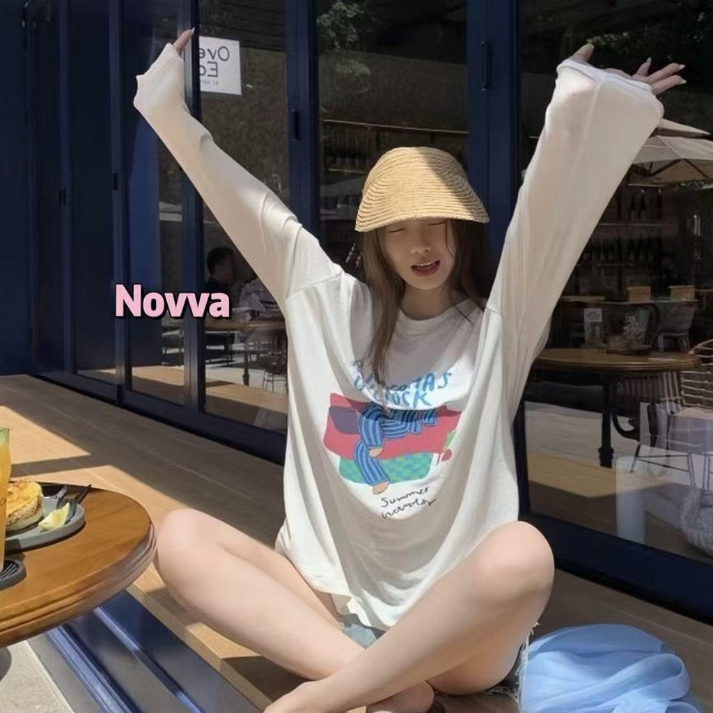 ส่งไวจากไทย เสื้อยืดแขนยาว พิมพ์ลาย ทรงหลวม ป้องกันแดด ใส่สบาย สไตล์เกาหลี Novva