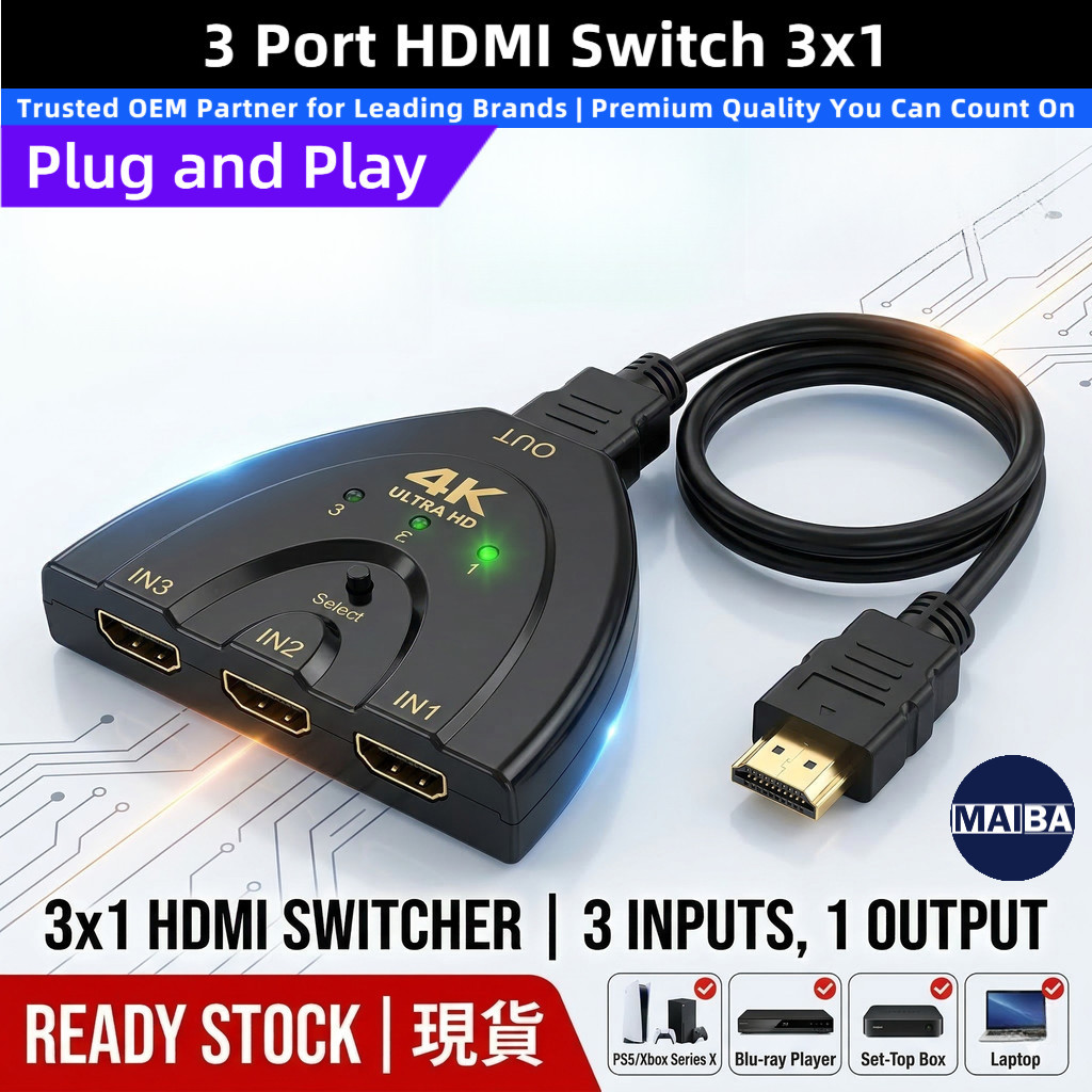 3 พอร์ต HDMI SWITCH 3x1 4K Ultra HD Video Switcher 3 In 1 Out อะแดปเตอร์สาย 1080P 3D สําหรับ Nintendo SWITCH Monitor โปรเจคเตอร์