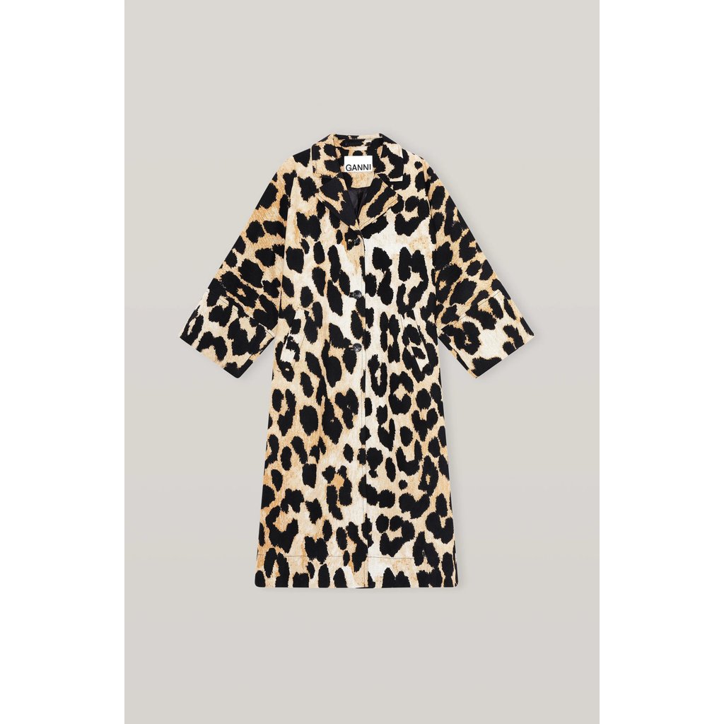 N8B6 11j Danish Leopard Print Cotton Linen Long Coat Windbreaker