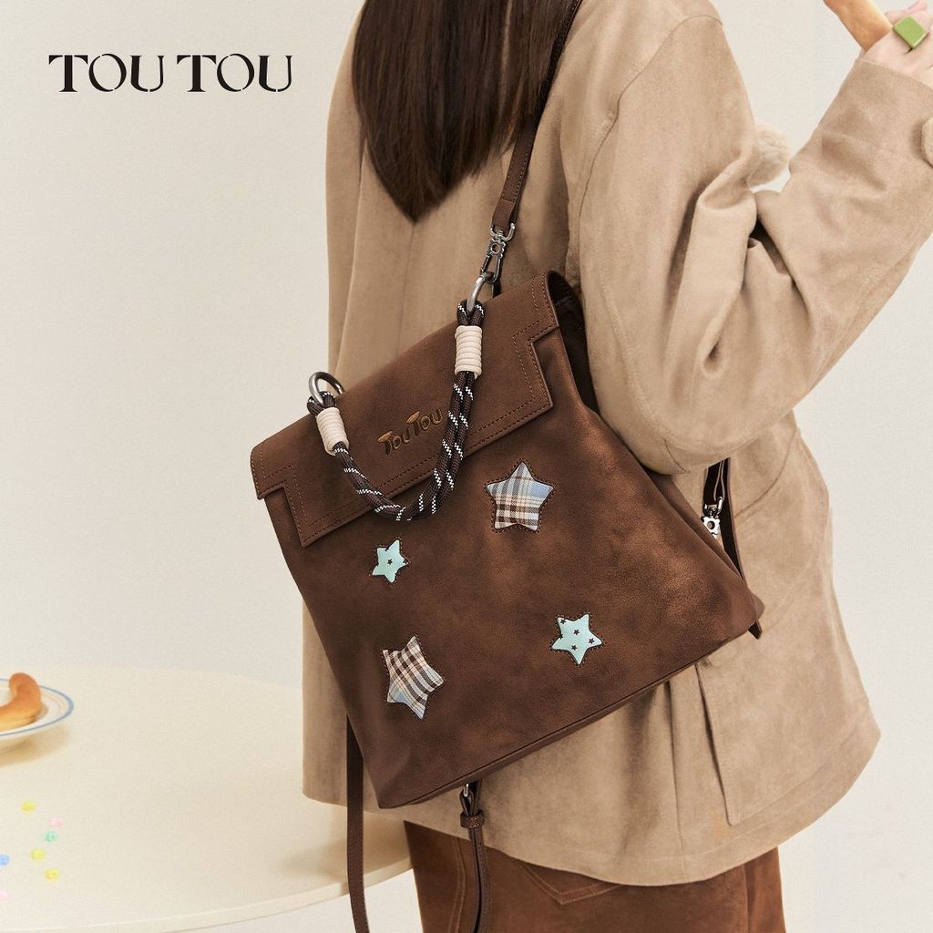 TOUTOU Star Bag Grid Backpack ของขวัญสาวเรียบง่ายและใช้งานได้จริง