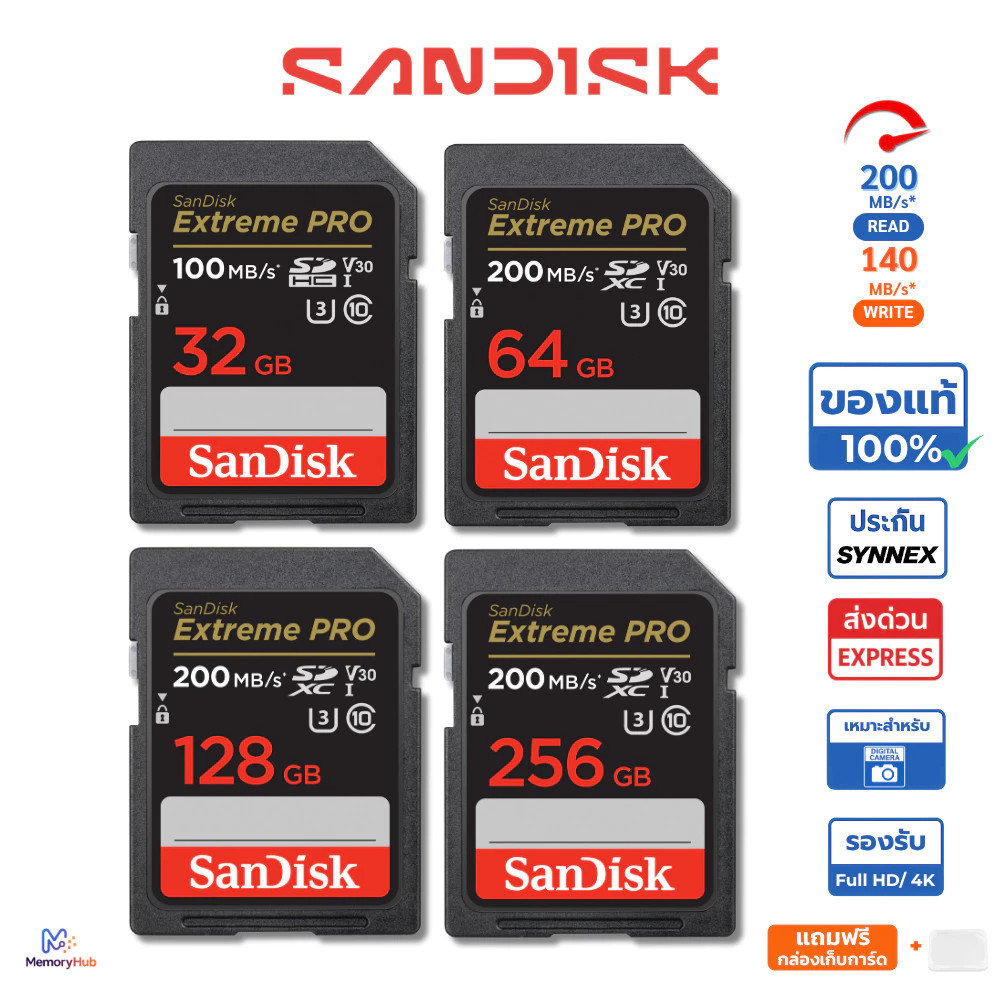 ✔ของแท้✔ SanDisk SD Card Extreme Pro  SDXC Speed R 200MBs 32GB 64GB 128GB เมมโมรี่การ์ด กล้อง DSLR