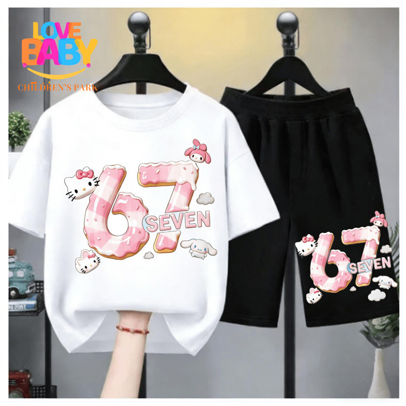 (COD) lo9 ชุดเด็กสาว Hello Kitty & My Melody 2 ชิ้น | เสื้อยืด + กางเกงขาสั้น ลายซานริโอ | พิมพ์ตัวเลข 67 สีชมพู | นุ่มส