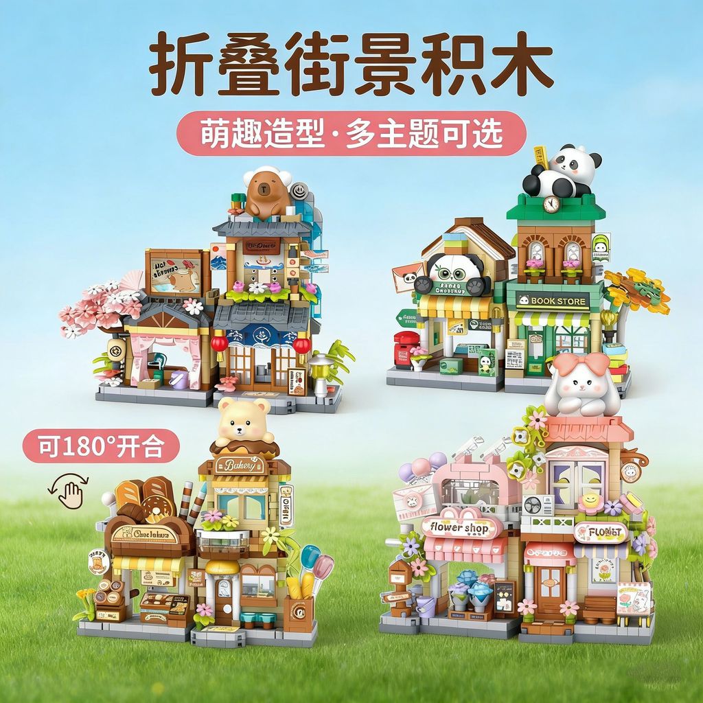 Street View Series Building Blocks Creative ประกอบของเล่น Panda Bookstore ชายหญิงของขวัญเครื่องประดับ