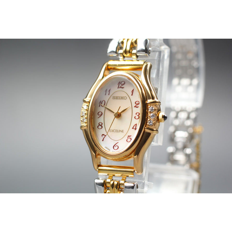 Vtg [Near MINT] Seiko Exceline 1F21-5F50 Gold Shell Diamonds 22mm Ladies Watch