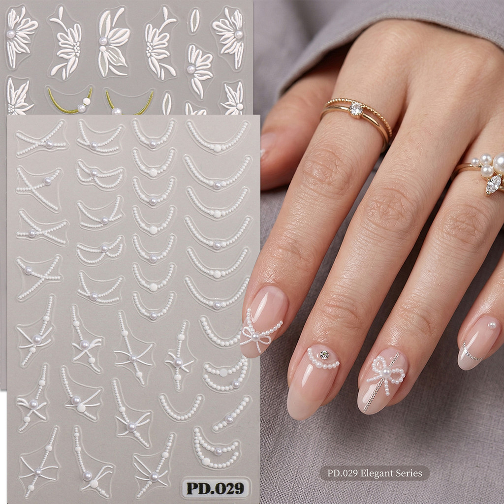 HAMA 5D บรรเทานูนสติกเกอร์เล็บ Elegant Pearl Bowknot ดอกไม้เล็บ Decals ฝรั่งเศส Vintage ทิวลิปดอกไม้ DIY ตกแต่งเล็บ PD Series